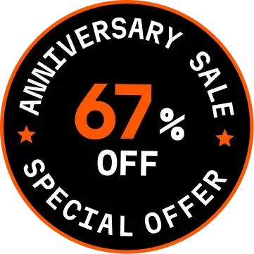Anniversary sale badge showing 67 percent off