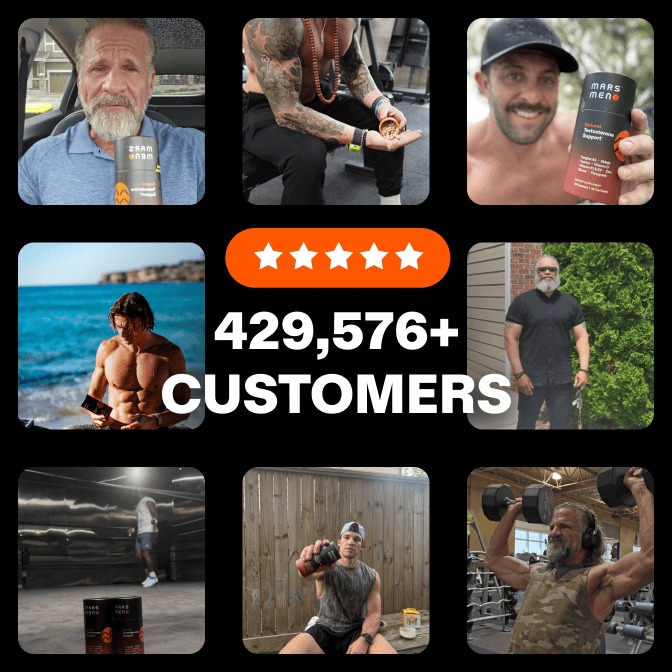 Collage of Mars Men customers holding the product at home, outside, and at the gym